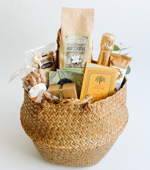 Bubbly & Snacks Santa Barbara Welcome Gift Basket top view